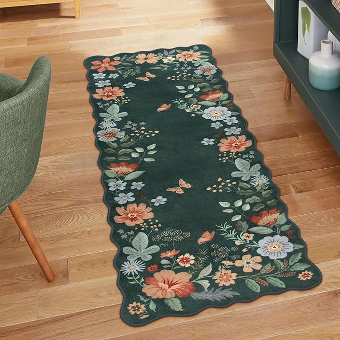 Lahome Floral Small Rug, 2x4 Kitchen Rugs Non Slip Washable Rug Ultra-Thin, Soft Front Door Mat Indoor Entrance Boho Low-Pile Entry Carpet for Bathroom Bedroom Flore (2x4ft,Dark Green)
