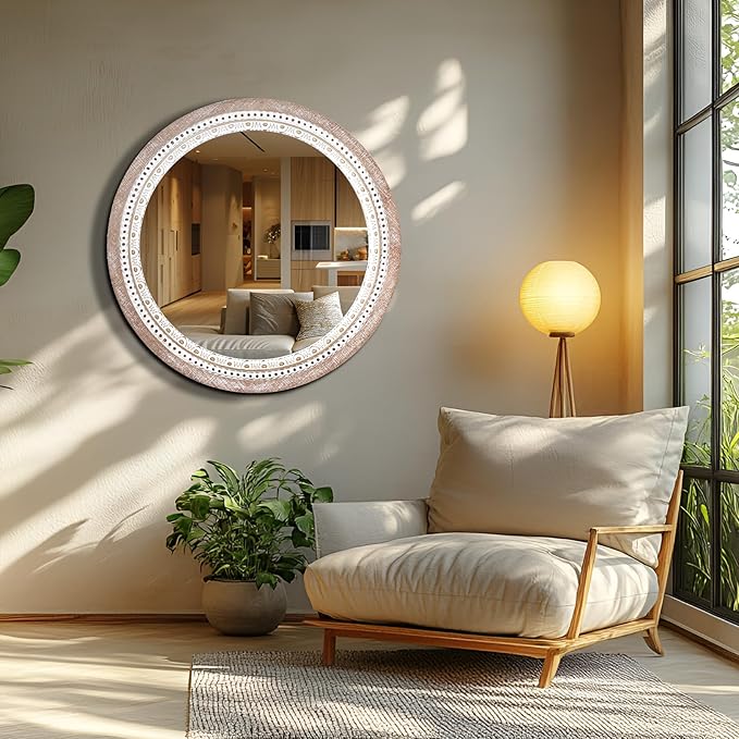 24 Inch Wooden Round Mirror for Wall Decor, Farmhouse Boho Circle Mirrors with Beaded Frame, Decorative for Bedroom, Bathroom, Living Room, Entryway
