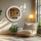 24 Inch Wooden Round Mirror for Wall Decor, Farmhouse Boho Circle Mirrors with Beaded Frame, Decorative for Bedroom, Bathroom, Living Room, Entryway