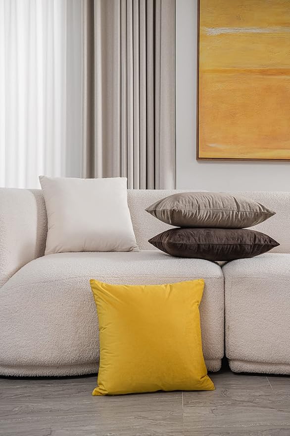 Throw Pillow Covers 22x22 Yellow: Pack of 2 Cozy Soft Velvet Square Modern Luxury Decorative Throw Pillow Cases for Sofa Couch Living Room Bed Home Decor