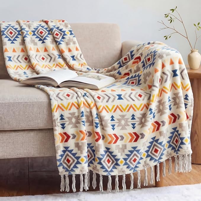 CASAAGUSTO Boho Throw Blanket - Colorful Decorative Blankets with Tassel, Printed Flannel Bohemian Blanket for Chair, Bed, Sofa, Couch(50 * 60, Colorful)