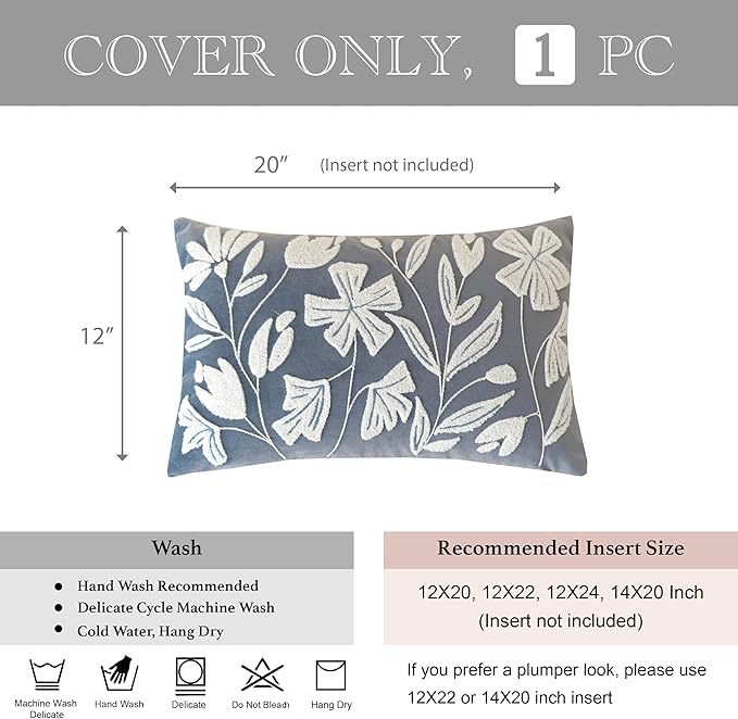 BlissBlush 12x20 Lumbar Pillow Cover, Grayish Blue Rectangular Decorative Throw Pillowcase for Couch Sofa, Floral Tufted Embroidered Velvet Farmhouse Accent Cushion (Cover Only)