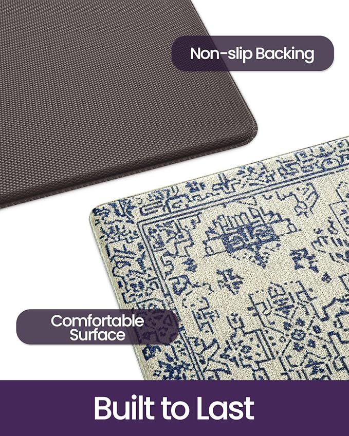 DEXI Kitchen Mats for Floor Cushioned, 23x59 Extra Large Wide Runner Rug Non Slip, Waterproof Soft Comfort Standing Padded Anti Fatigue Decorative, Blue White