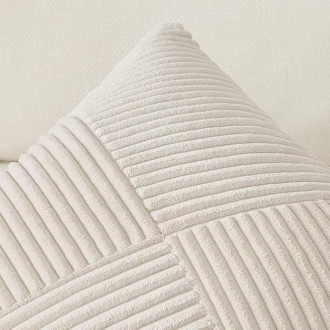 Topfinel 24x24 inches Pillow Covers Set of 2 Cream White Corduroy Decorative Throw Pillow Covers for Sofa Couch Bed, Windmill Textured Striped Patchwork Couch Spring Pillow Case 60x60 cm
