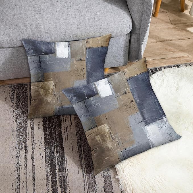 Britimes Throw Pillow Covers Modern Home Art Decor, 20 x 20 Inches Set of 2 Pillow Cases Decorative, Abstract Oil Painting Pillowcases for Bedroom, Living Room, Cushion Couch Sofa, Brown Blue