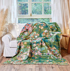 Boho Throw Blanket - 100% Cotton Throw Blankets for Bed Couch, 60"x80" Soft Muslin Lightweight Spring Throw Blanket, Cozy Floral Plant Printed Bohemain Bedding Decor Green Throw Quilt