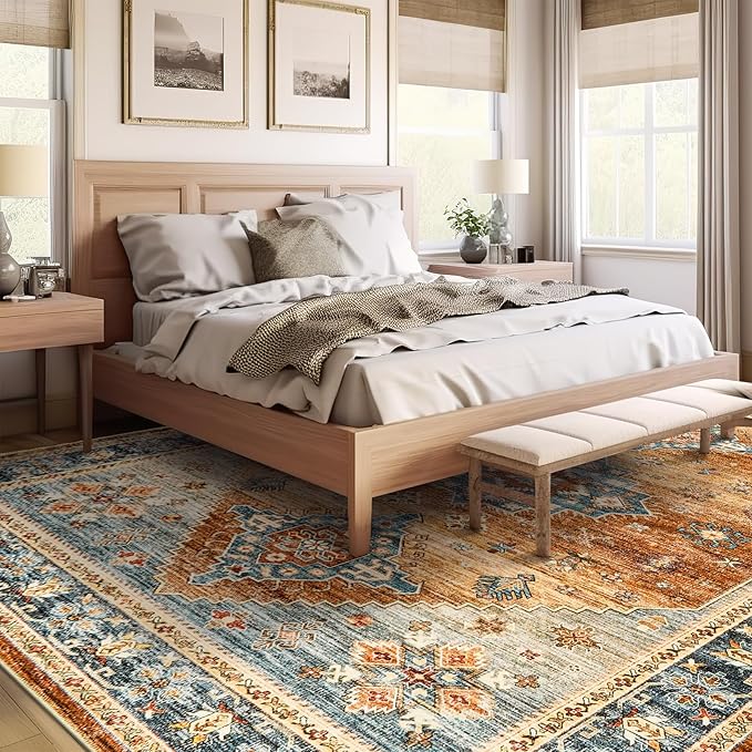 Area Rugs 5x7, Low Pile Non-Slip Backing Rugs, Super-Soft Home Decor Washable Rugs 5x7 Under Table, Foldable Floral Vintage Area Rug for Living Room (Navy/Orange, 5'x7')