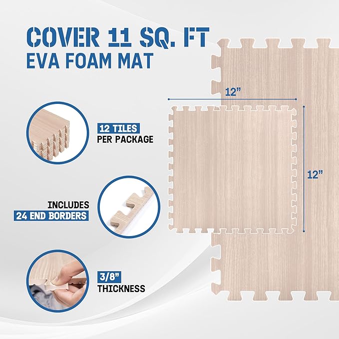 Yes4All EVA Interlocking Mats, Puzzle Floor Tiles, Foam Floor Padding with Border for Furniture, Home Space, Living Room, Garage 11,22,32 SQFT