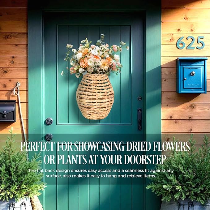Natural Handwoven Wall Hanging Water Hyacinth Basket for Front Door Flowers & Home Decor – Handwoven Wicker Wall Baskets with Loop Handle – Decorative Organizer for Entryway Mail, and Seasonal Display