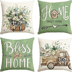 AVOIN colorlife Bless Our Home Farmhouse Eucalyptus Leaves Throw Pillow Covers, 18 x 18 Inch Truck Home Sweet Cushion Case Decorations Set of 4