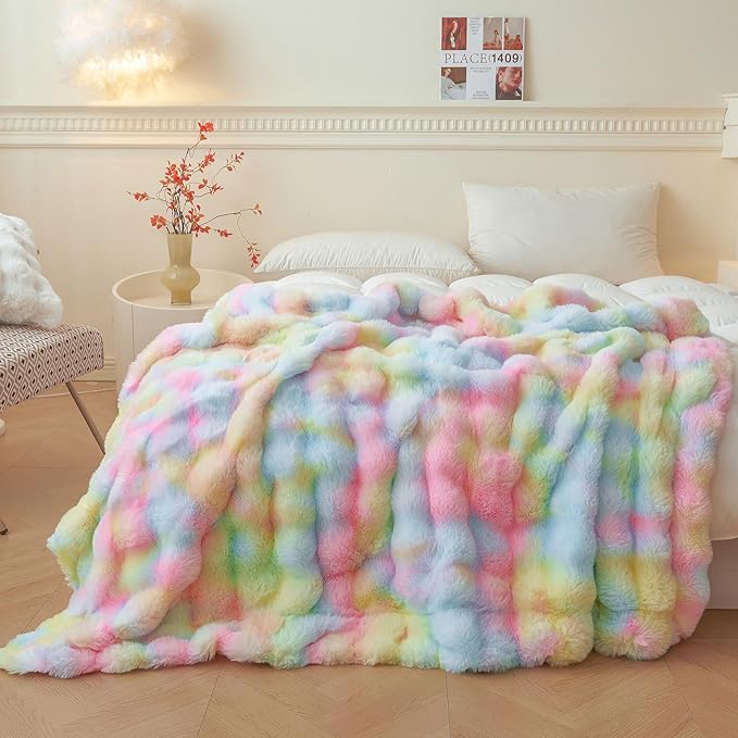 LIFEREVO Fluffy Faux Rabbit Fur Bubble Throw, Rainbow Plush Shaggy Blanket for Couch Sofa Chair, Soft Cute Tie Dye Furry Blanket Adults Kids Girls, Fuzzy Throw for Bedroom Living Room, 50x60, Rainbow