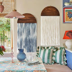 2 Pcs Tie-dye Macrame Wall Hanging Boho Home Decor, Blue White Yarn Tassel Wall Art with Modern Wood Frame, Semicircle Design 13.7" W x 30" L Perfect for Living Room Bedroom Headboard Decoration