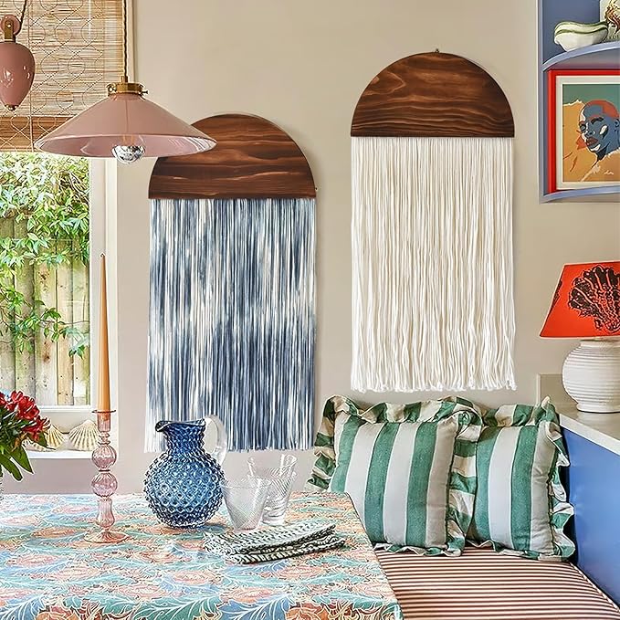 2 Pcs Tie-dye Macrame Wall Hanging Boho Home Decor, Blue White Yarn Tassel Wall Art with Modern Wood Frame, Semicircle Design 13.7" W x 30" L Perfect for Living Room Bedroom Headboard Decoration