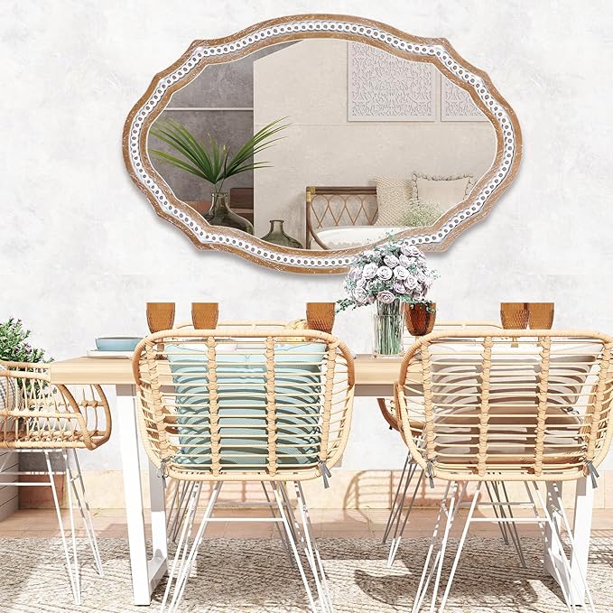24x35 Inches Wooden Farmhouse Oval Mirror for Wall Decor, Living Room, Bedroom, Bathroom Rustic Decorative Mirrors for Entryway - Vertical or Horizontal Hanging
