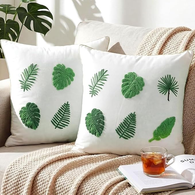 Breling 2 Pack Embroidery Tropical Pillow Covers 18x18 Inch Green Leaves Palm Monstera Leaf Pillows Cover Velvet Tufted Decorative Botanical Plant Cushion Cases for Couch Sofa Bed Summer Holiday Decor