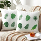 Breling 2 Pack Embroidery Tropical Pillow Covers 18x18 Inch Green Leaves Palm Monstera Leaf Pillows Cover Velvet Tufted Decorative Botanical Plant Cushion Cases for Couch Sofa Bed Summer Holiday Decor