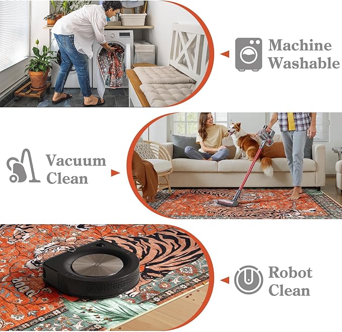 Moynesa Tiger 5x7 Area Rug, Boho Washable Living Room Rug, Non Slip Rugs for Bedroom, Ultra Thin Vintage Soft Stain Resistant Throw Floor Carpet for Office Dining Room, Rust