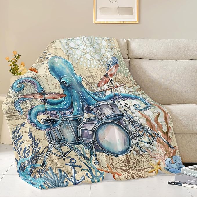 Octopus Throw Blanket, Vintage Soft Cozy and Warm Couch Blankets Gift for Octopus Lover, Decorative Blankets for Sofa Couch Bed, Blue Beige 50×60 inches