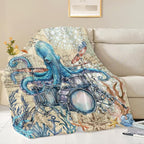 Octopus Throw Blanket, Vintage Soft Cozy and Warm Couch Blankets Gift for Octopus Lover, Decorative Blankets for Sofa Couch Bed, Blue Beige 50×60 inches