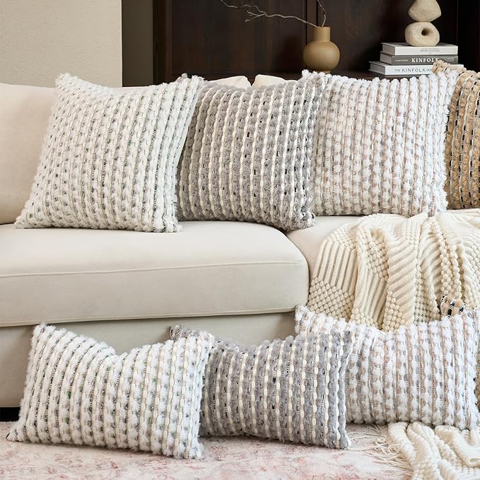 Aeckself Handmae Boho Chenille Tufted Pillow Cover 12x20 Inch, Rectangle Decorative Lumbar Throw Pillow Cover Neutral Pillowcase for Couch Bedroom Living Room, Grey White