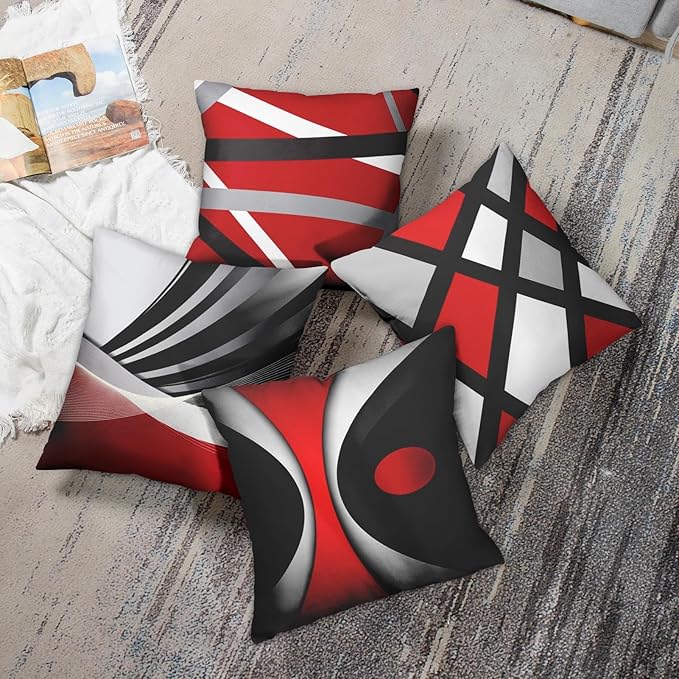 Emvency Set of 4 Throw Pillow Covers Modern Abstract Red Stripes Gray Black White Acrylic Bold Grey Decorative Pillow Cases Home Decor Square 18x18 Inches Pillowcases