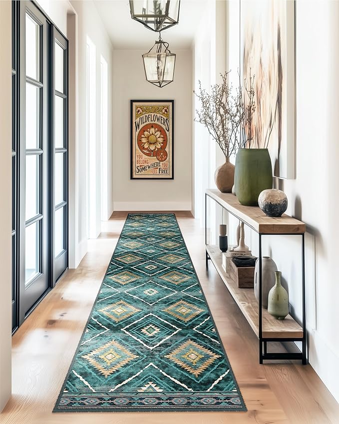 Area Rug 2x6 Rug Machine Washable Non-Slip Low Pile Print Pattern Western Rug for Living Room Bedroom Entryway Tribal Series -Teal/Green