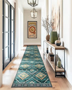 Area Rug 2x8 Rug Machine Washable Non-Slip Low Pile Print Pattern Western Rug for Living Room Bedroom Entryway Tribal Series -Teal/Green