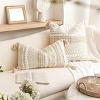 BlissBlush Boho Throw Pillow Cover 22X22, Large Decorative Accent Pillow for Couch, Square Woven Textured Pillowcase, Modern Boho Pillow for Bed, Bohemian Pillow Cover, Cream White (Pack of 1)