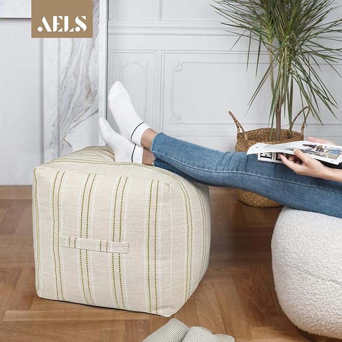 AELS Unstuffed Farmhouse Pouf Cover for Living Room, Boho Storage Bean Bag Cubes, Beige with Brown Stitch Yarn Dyed Stripe Square Ottoman Pouf Foot Rest Footstool, 18"x18"x18", Cover ONLY