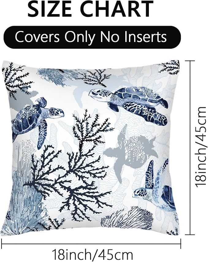 Cute Nautical Blue Pillow Covers Set of 2, Coastal Beach Themed Coral Sea Turtle Navy Decorative Throw Pillows Cases Cushion Cover for Couch Sofa Bedroom Living Room Car, Home Decor, 18x18 Inch, Blue
