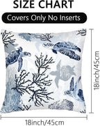 Cute Nautical Blue Pillow Covers Set of 2, Coastal Beach Themed Coral Sea Turtle Navy Decorative Throw Pillows Cases Cushion Cover for Couch Sofa Bedroom Living Room Car, Home Decor, 18x18 Inch, Blue