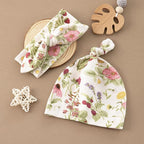 BabyWhale Muslin Swaddle Blanket with Hat and Headband Bow, Floral Pattern Swaddle Set for Baby Boys ＆ Girls, Unisex Newborn Soft Receiving Swaddle Wrap, 47x47 inches