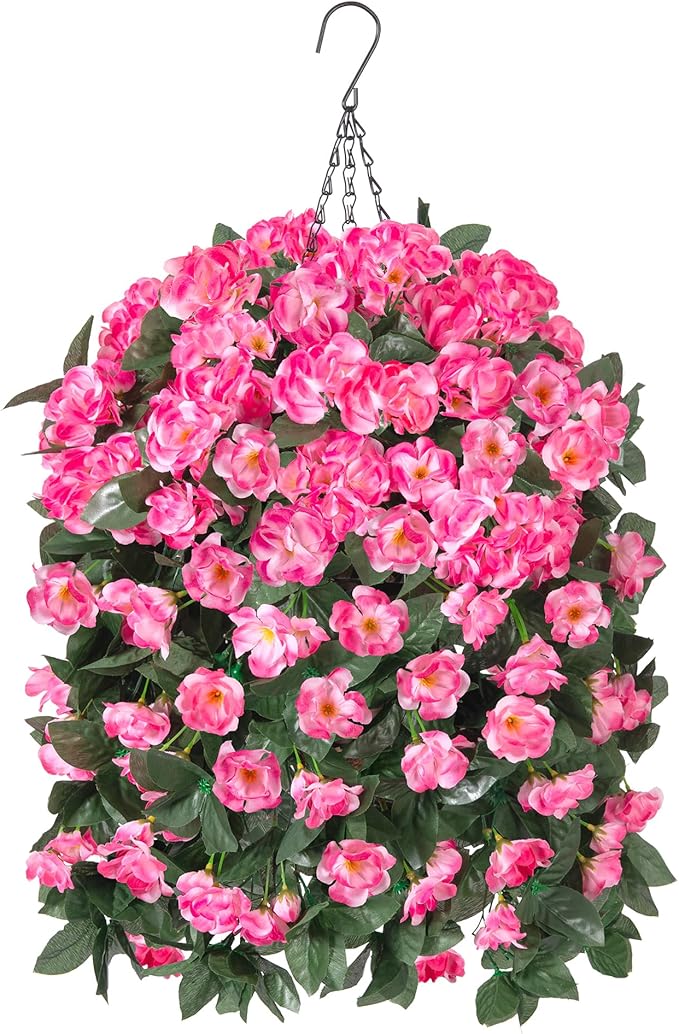 Fake Geraniums Artificial Hanging Flowers Basket for Outdoors, Spring Outdoor Hanging Plants Faux Silk Geraniums Vines in Planter UV Resistant Realistic for Outside Porch Yard Balcony Patio, Pink