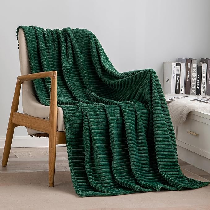 MIULEE Army Green Throw Blanket 3D Ribbed Jacquard Fleece Flannel Velvet Plush Decorative Bed Blanket (Throw, 50" x 60") - Super Soft, Lightweight, Warm and Cozy for Couch Sofa