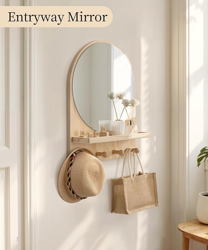 Nursery Mirror, Boho Circle Mirror Wall Mount Natural Wood Shelf Hanging Arch Modern Wall Decor for Nursery Living Room Entryway Hallway Bathroom, 14x18 Inch