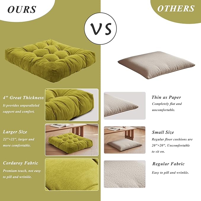 Meditation Floor Pillow 22×22 Inch 1 Pack Large Floor Cushions for Adults Square Tufted Corduroy Floor Pillows for Yoga Living Tatami Room Green