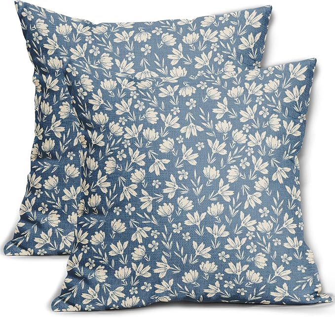 Light Blue Pillow Covers 18x18 Set of 2 Vintage Floral Rustic Old Style Cute Flower Print Decorative Outdoor Pillowcases Seasonal Farmhouse Throw Cushion Case Decor for Couch Sofa Bed