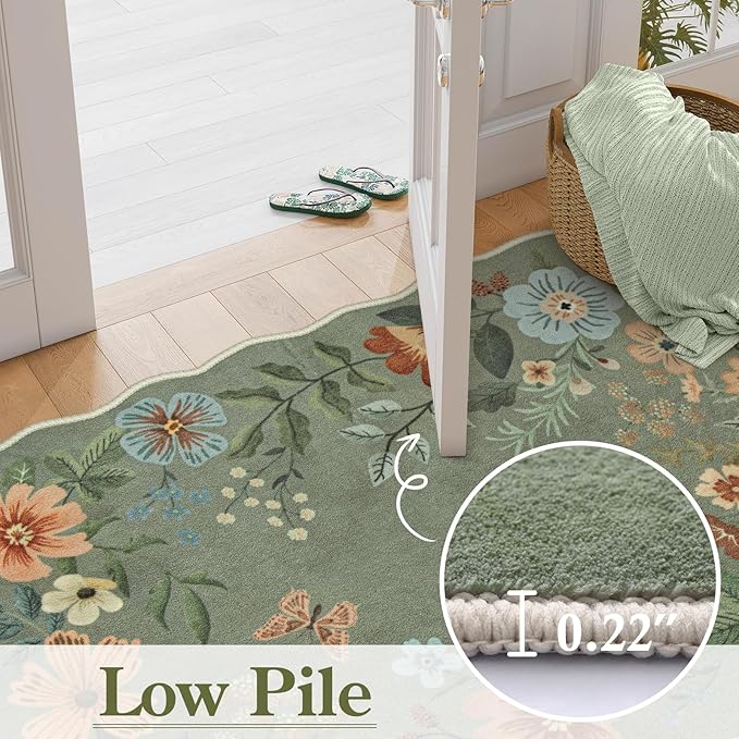 Lahome Floral 9x12 Area Rugs for Living Room Bedroom, Soft Washable Rugs 9x12 Stain Resistant, Ultra-Thin Non-Slip Boho Dining Room Rug Accent Carpet for Office Flore (9x12ft,Green)