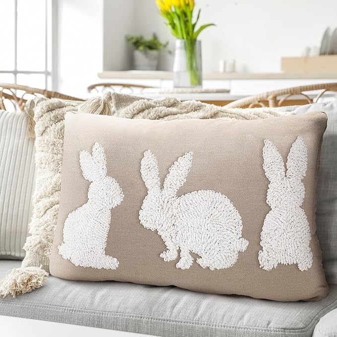 Mixweer Easter Pillow Covers 12 x 20 Inch Bunny Pillow Covers Neutral Easter Bunny Decor Neutral Tufted Embroidery Decorative for Home Living Room Bed Decor
