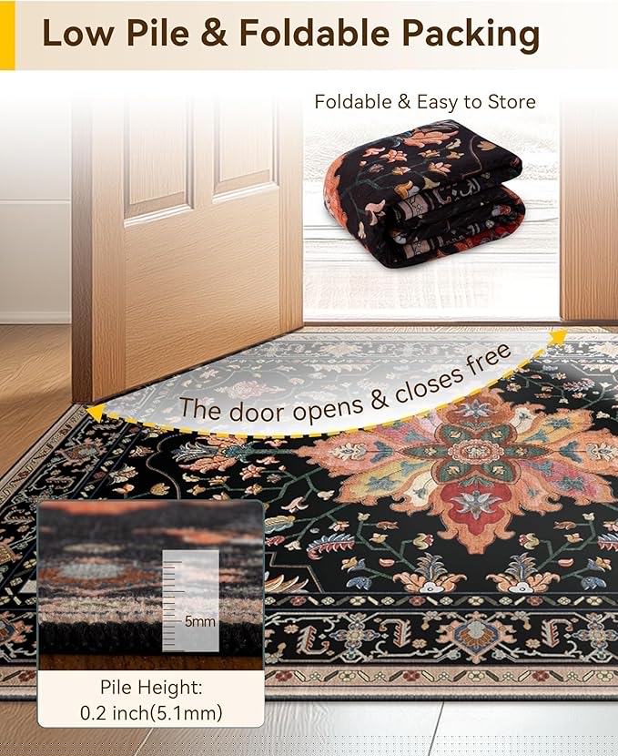 Area Rugs 5'x8' Washable Non-Slip, Floral Vintage Distress Print Pattern Medallion Carpet for Living Room Bedroom Dining Room, Black Colorful Floral Dark Tan
