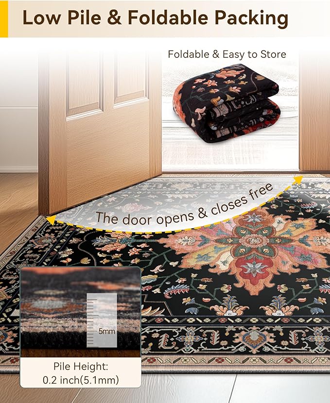 Area Rugs Square 8ft Washable Non-Slip, Floral Vintage Distress Print Pattern Medallion Carpet for Living Room Bedroom Dining Room, Black Colorful Floral Dark Tan