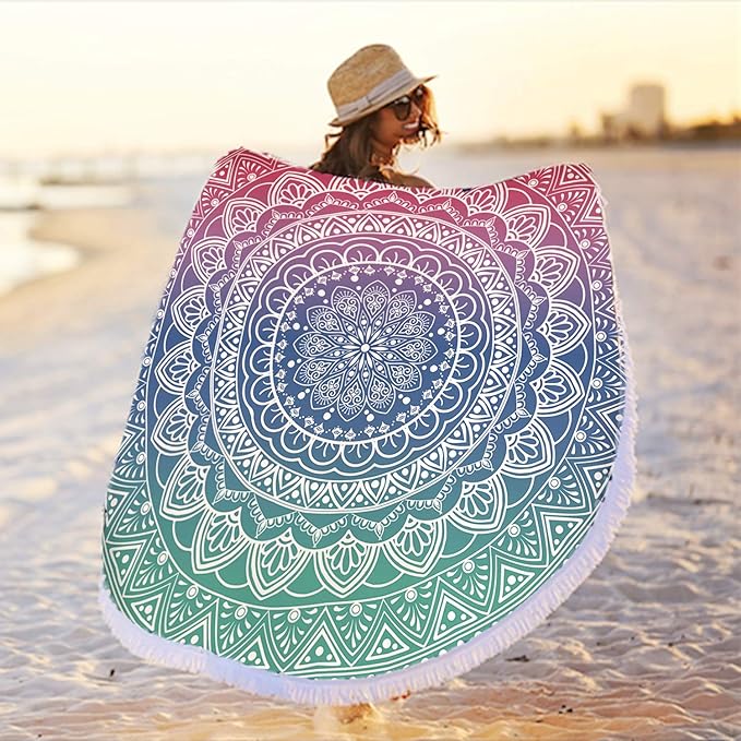 Oversize Round Mandala Beach Towel Blanket, Circle Microfiber Bohemian Boho Quick Dry Super Water Absorbent Towel, Hippy Gypsy Yoga Mat Picnic Table Mediation Throw Tapestry with Tassel Ultra ,59”