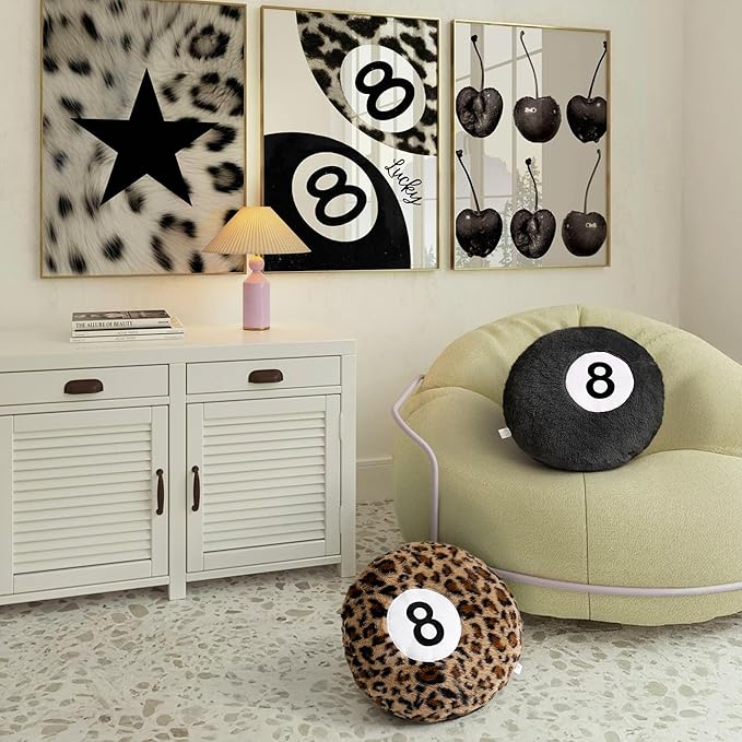 Dripykiaa Cheetah 8 Ball Throw Pillow, 14" Leopard Print 8 Ball Pillow Round Plush Decorative Cushion, Soft Trendy Throw Pillow for Bedroom & Living Room, Modern Aesthetic Home Decor for Women & Teens