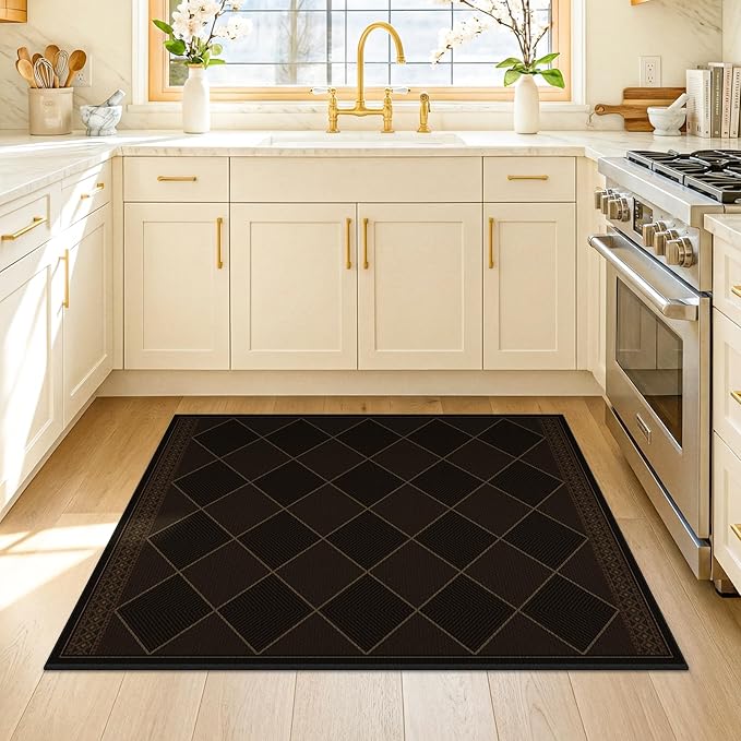 Outdoor Indoor Checkered Entryway Rug 3x4, Washable Durable Non-Slip Low Pile Boho Easy Jute Rug for Porch, Kitchen, Patio & Backyard, Modern Dark Brown Diamond Geometric Pattern Stain Resistant