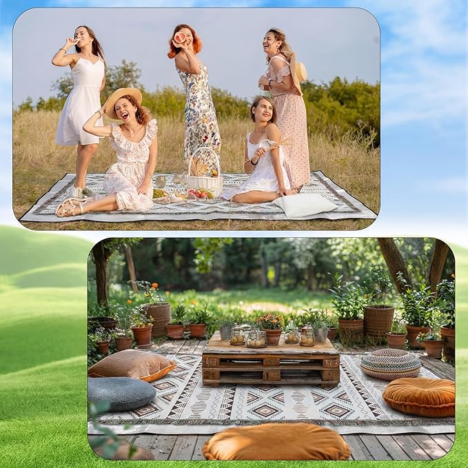 91x 71 in Extra Large Outdoor Picnic Blanket with Waterproof Mat Oversize Beach Woven Cotton Yarn Blanket with Fringe Machine Sandproof for Spring Summer Camping Beach Park(Diamond,Brown)