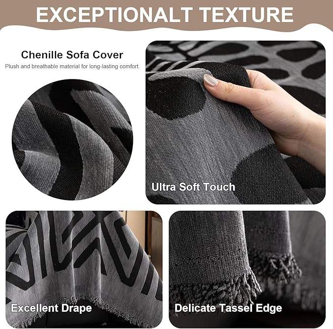 VClife Bohemian Oversize Sofa Cover Washable, Non Slip Chenille Couch Cover for 3-4 Cushion Couch Sofa Pet Furniture Protector Modern Tribal Black Gray Sofa Slipcover for Sectional Couch 71''x150''