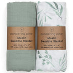 Organic Baby Muslin Swaddle Blankets for Boy or Girl - Eucalyptus Leaves and Sage Swaddling Blanket 2 Pack - Soft Muslin, XLarge and Breathable, Boho Baby, 47" X 47"