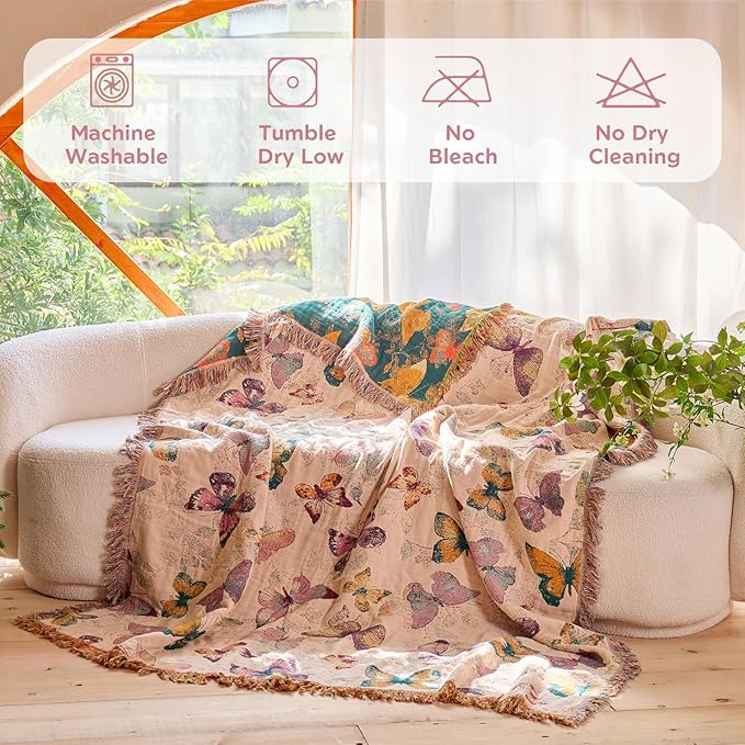 Boho Butterfly Throw Blanket 60"x80" Twin Size Bed Blanket,100% Cotton Reversible Soft Breathable Lightweight Spring Decorative Blankets with Tassels for Couch Sofa Decor All Season