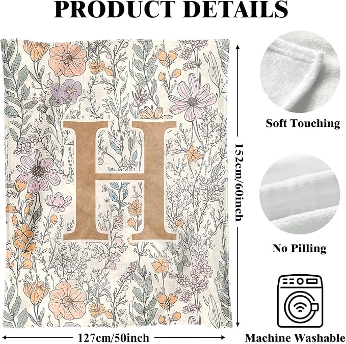 JXREQ Throw Blanket Initial Letter H Personalized Monogrammed Gifts for Women Teen Girls Frends, Boho Floral Throw Blankets for Bed Sofa Living Room Office, 50x60 Inch
