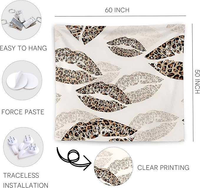 WNAGT Trendy Black and White Kiss Lips Tapestry Wall Hanging, Funky Makeup Wall Decor, Fashion Aesthetic Wall Blanket Decor for Girls Room College Dorm Makeup Room Beauty Room, 50x60 Inch